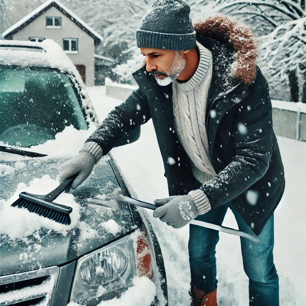 自動車に積もった雪をブラシで落とす男