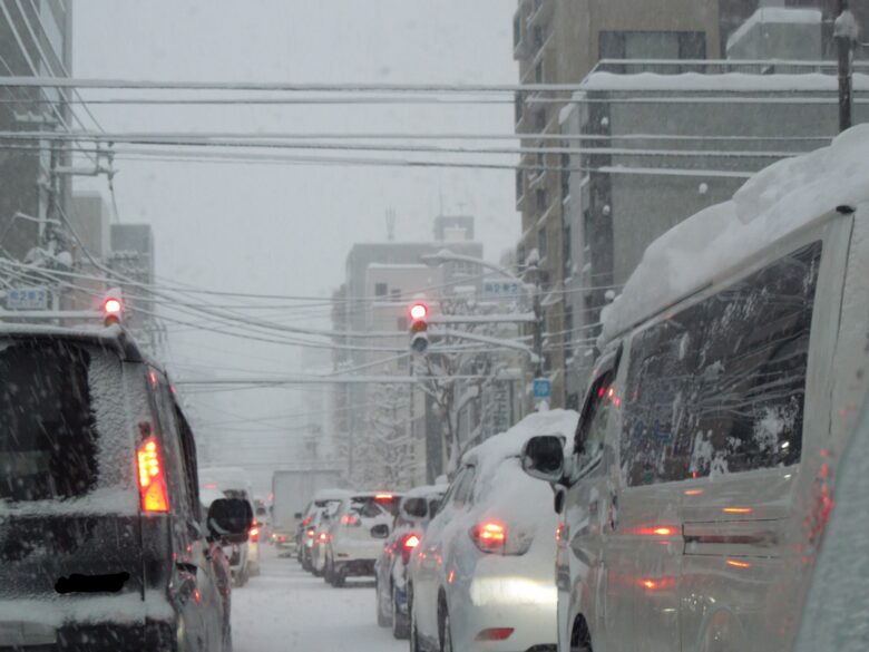 雪で渋滞する車も列