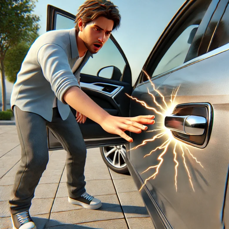 自動車のドアノブを触り静電気でびっくりする男性