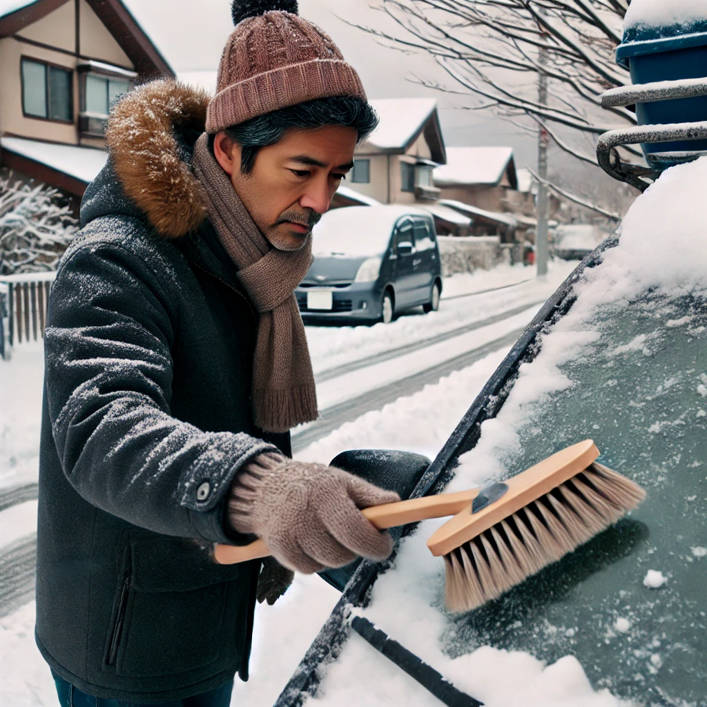 フロントガラスの雪を落とす男性