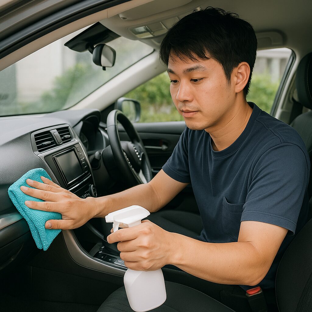 車内を拭き掃除する男性